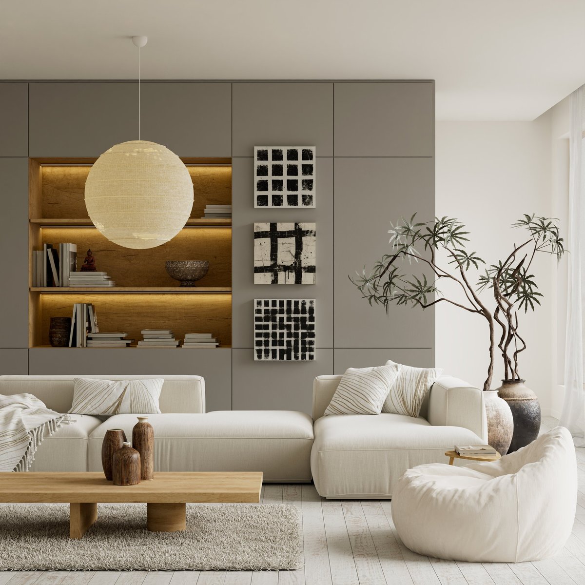 Contemporary minimalist living room interior designed with refined furniture, soft daylight and neutral tones for calm, modern and elegant spaces. 3D illustration