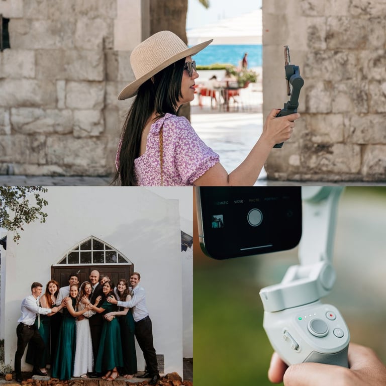 Collage showing woman in straw hat taking selfie at beach location, group photo of people in formal attire, and smartphone stabilizer gimbal device