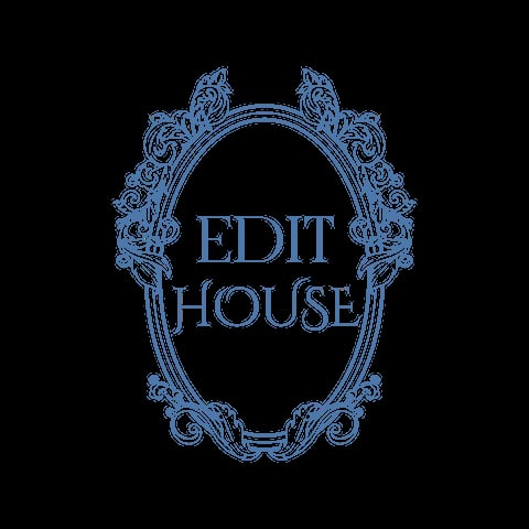Edit House logo featuring ornate blue oval frame with decorative flourishes on black background